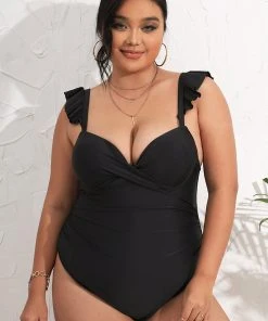 CUPSHE Swimwear UP TO 70% OFF Serena Black Ruffle Black Plus Size One Piece Swimsuit