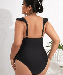 CUPSHE Swimwear UP TO 70% OFF Serena Black Ruffle Black Plus Size One Piece Swimsuit
