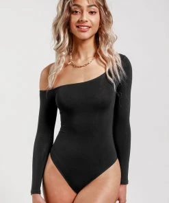 CUPSHE Swimwear Trendy Features Keeley Black One Shoulder Long Sleeve Bodysuit