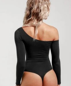 CUPSHE Swimwear Trendy Features Keeley Black One Shoulder Long Sleeve Bodysuit