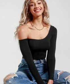 CUPSHE Swimwear Trendy Features Keeley Black One Shoulder Long Sleeve Bodysuit