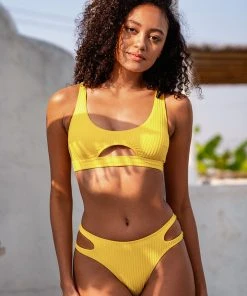 CUPSHE Textured Yellow High Leg Bikini Swimwear UP TO 70% OFF