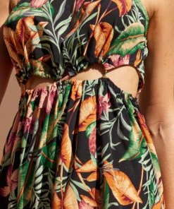 CUPSHE Dresses Asia Halter Neck Fitted Waisted Tropical Plants Dress