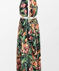 CUPSHE Dresses Asia Halter Neck Fitted Waisted Tropical Plants Dress