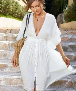 CUPSHE Summer Dresses 2022 Fleur V-neck Ruffle Drawstring Coverup Set Dress