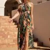 CUPSHE Dresses Asia Halter Neck Fitted Waisted Tropical Plants Dress