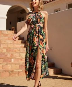 CUPSHE Dresses Asia Halter Neck Fitted Waisted Tropical Plants Dress
