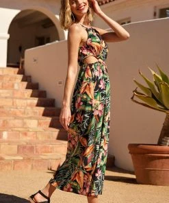 CUPSHE Dresses Asia Halter Neck Fitted Waisted Tropical Plants Dress